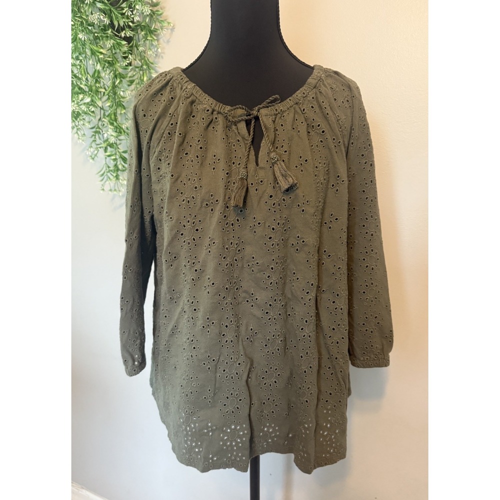 J Jill Tassel Tie Keyhole Neck Cotton Eyelet Top Olive Green  Size M